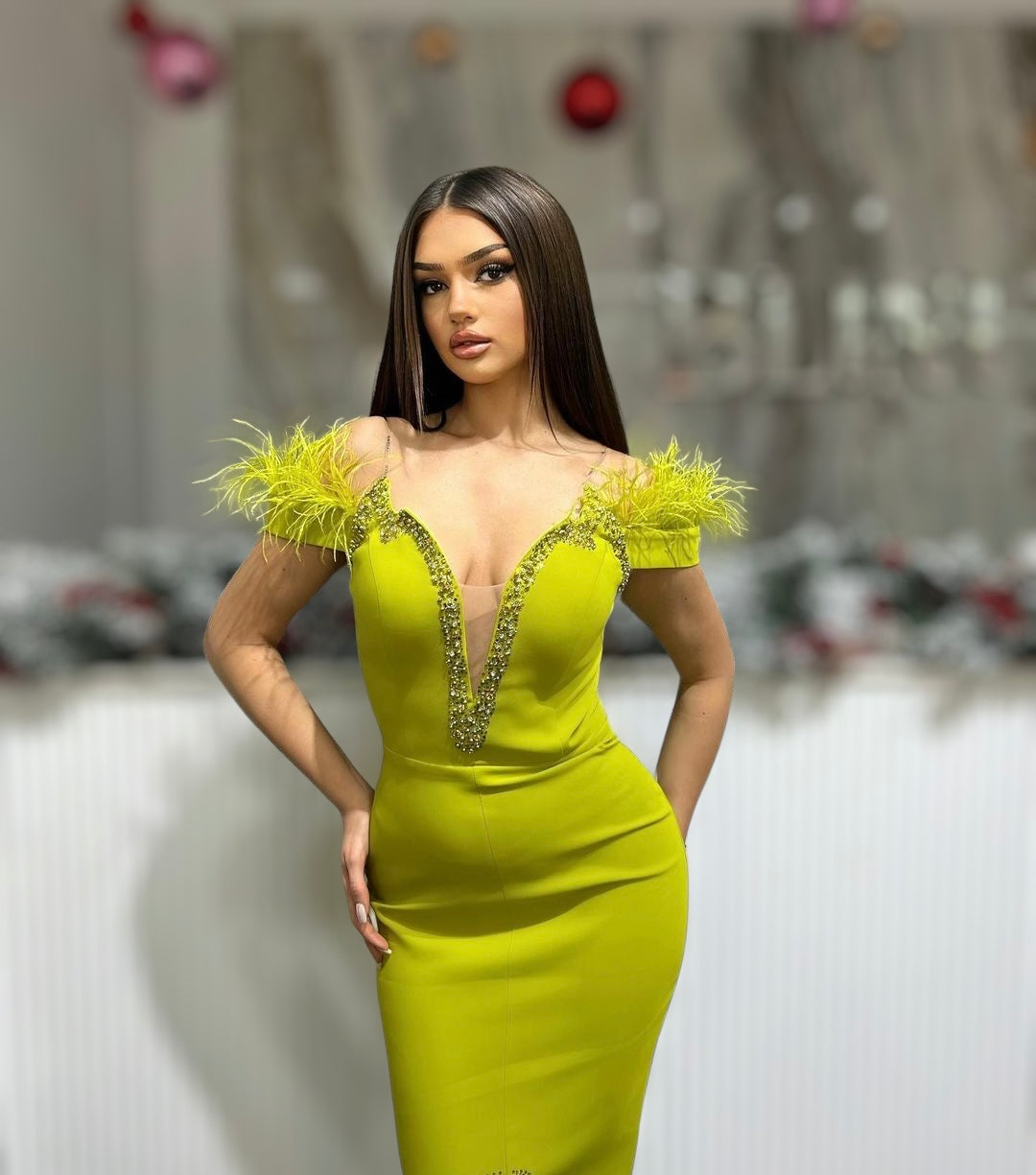 Light Green Dress with Feathers