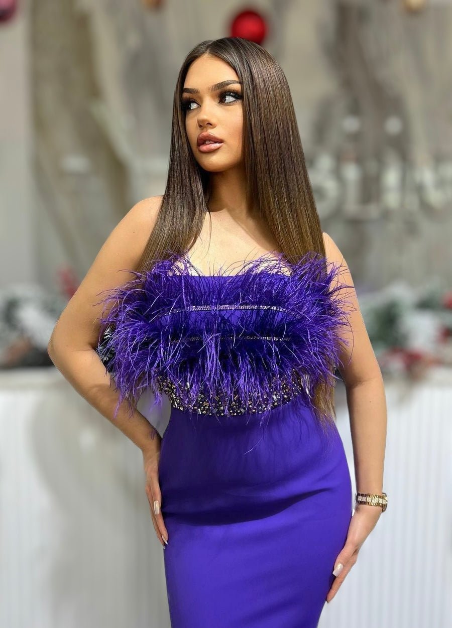 Purple Dress Embellished with Feathers