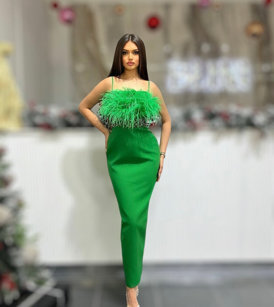 Green Dress Embellished with Feathers