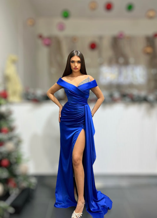 Blue Satin Dress Embellished with Stones