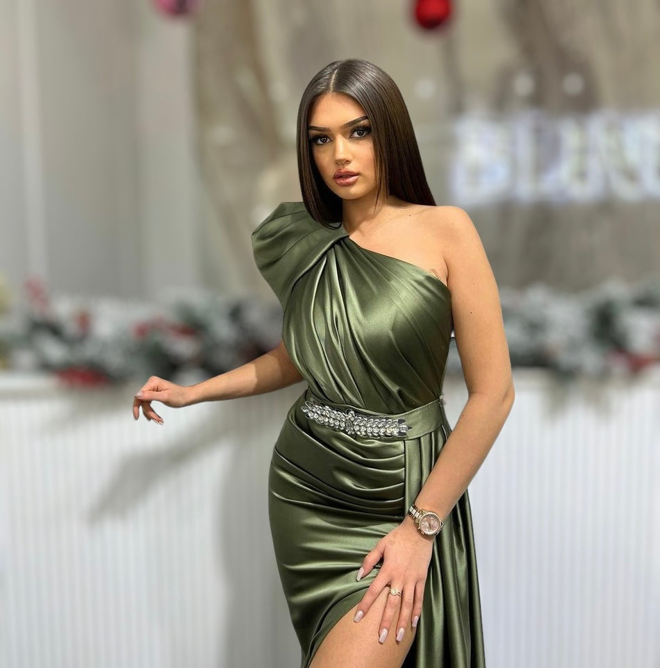 Olive Satin Dress with One Shoulder