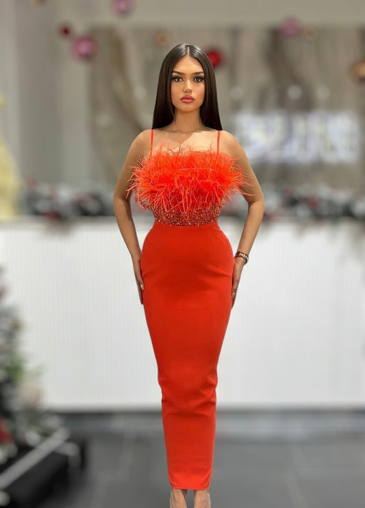 Orange Dress Embellished with Feathers