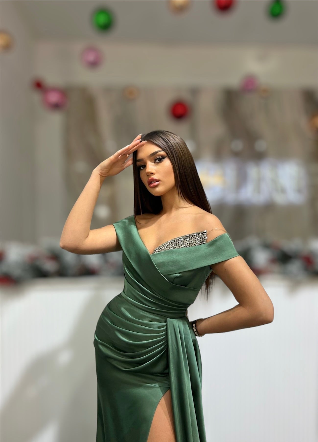 Olive Satin Dress Embellished with Stones