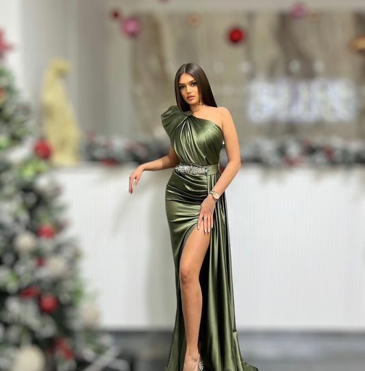 Olive Satin Dress with One Shoulder