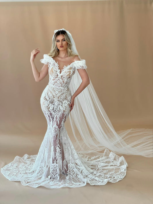 Royalty Off shoulder sleeve Bridal dress