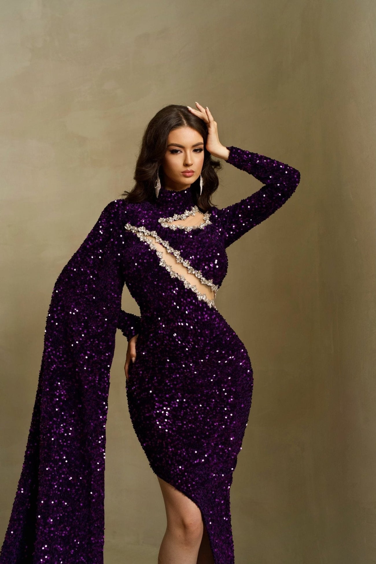 Purple Sequin Dress with High-Neck, Long Sleeves, and Side Cape